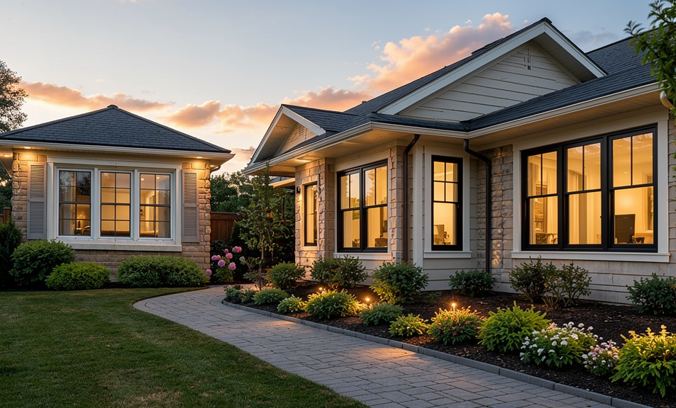 A luxurious home exterior at dusk featuring newly installed, energy-efficient black frame windows and custom landscape lighting, showcasing a premium window installation completed by Legacy Glass Block in New Lenox, IL.