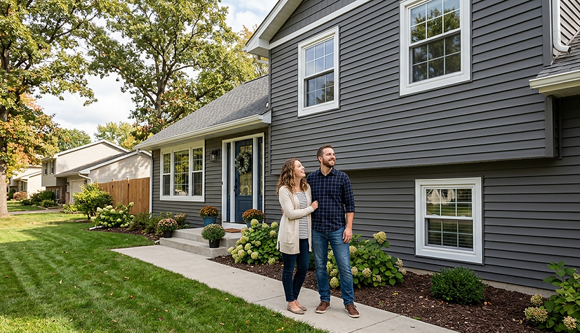 Happy homeowners standing outside a Chicagoland home with newly installed energy-efficient replacement windows and basement windows by Legacy Glass Block & Window Co.