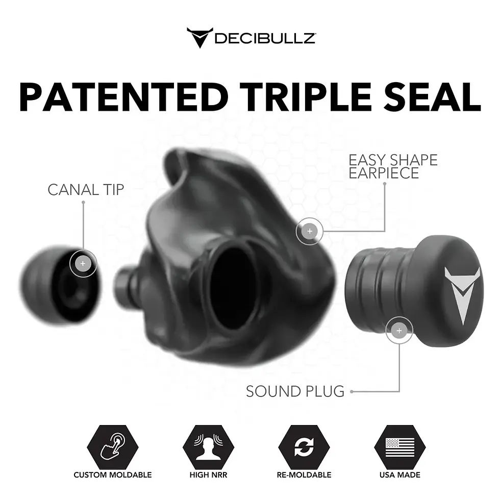 Thumbnail: Decibullz patented triple seal earplug design for secure and comfortable hearing protection