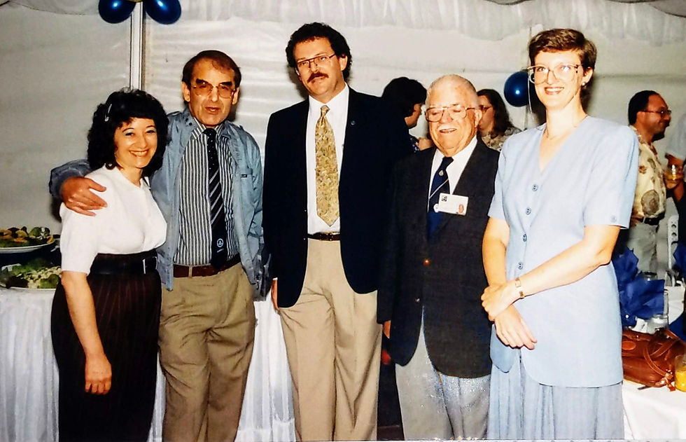 NSW Branch Centenary 1995, Michael Chapman centre, Nick and Madeleine Lomb (left) and Joe Kelly (right ) with Janette Brennan (far right). Photo courtesy N. Lomb