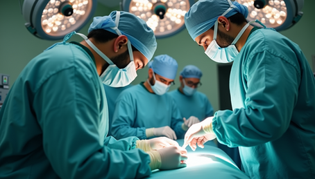 surgeons in surgical gowns conducting surgery in an operating room