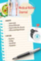 Picture of a piece of lined paper with medical terms listed on it surrounded by images