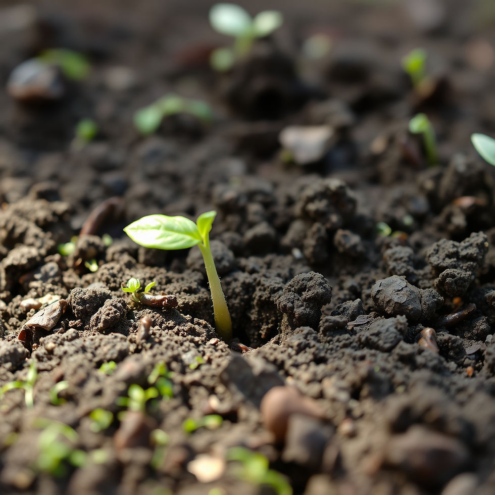 a sprouting seed on soil and vibrant green.