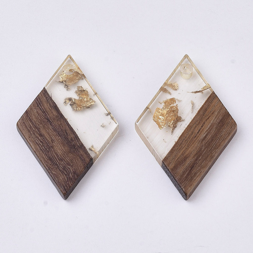 Gold Foil Rhombus Resin & Walnut Wood Pendants [38x14mm]