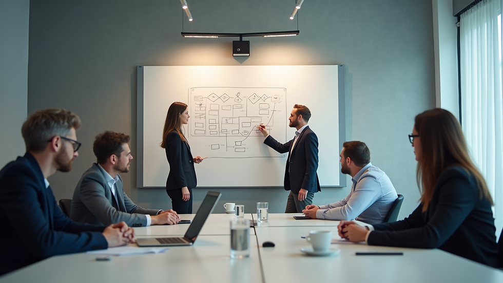 High angle view of a conference room with a team discussing workflow charts on a whiteboard