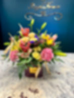 Colorful floral bouquet in vase with yellow roses, pink carnations & lilies, Medford NJ delivery