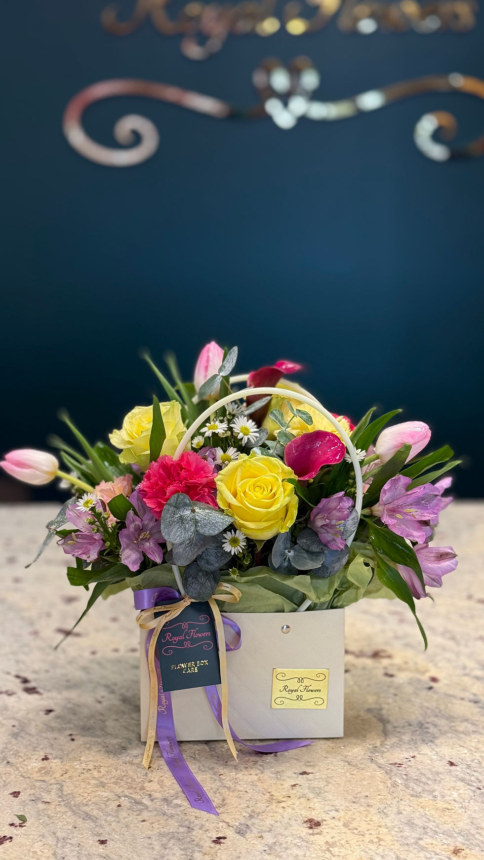 Thumbnail: Same day flower delivery 08055 New Jersey luxury basket arrangement with fresh roses, tulips, and greenery