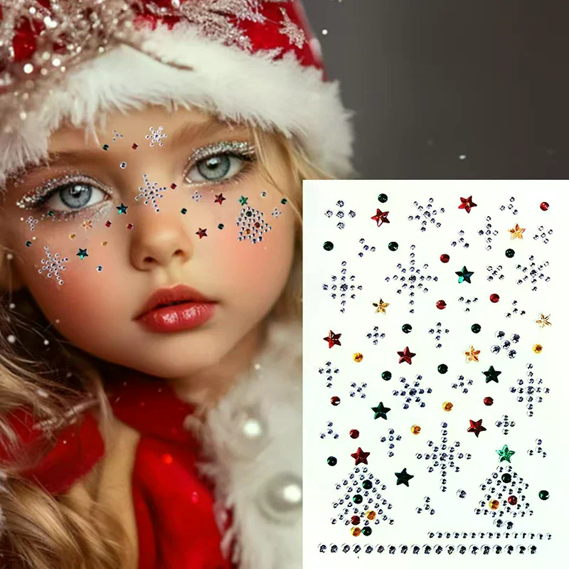 Christmas Makeup White Snowflake Christmas Tree Stickers Rhinestone Eyes Face Te