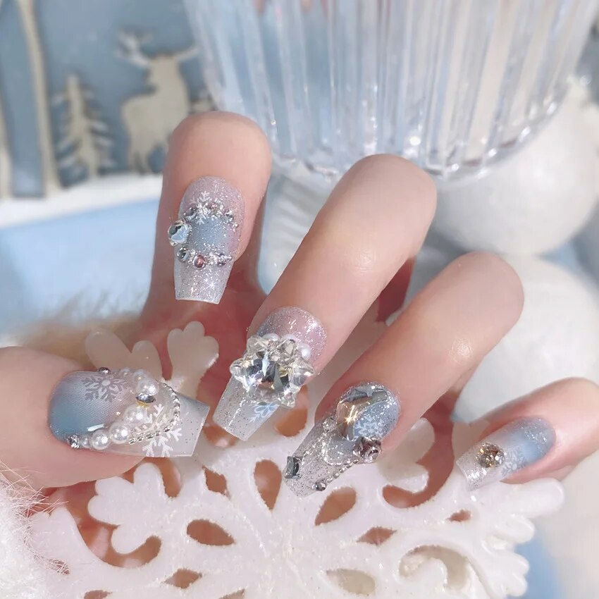 Thumbnail: 24Pcs Long Black Stars with Rhinestones Fake Nails Glitter Gradient Press on