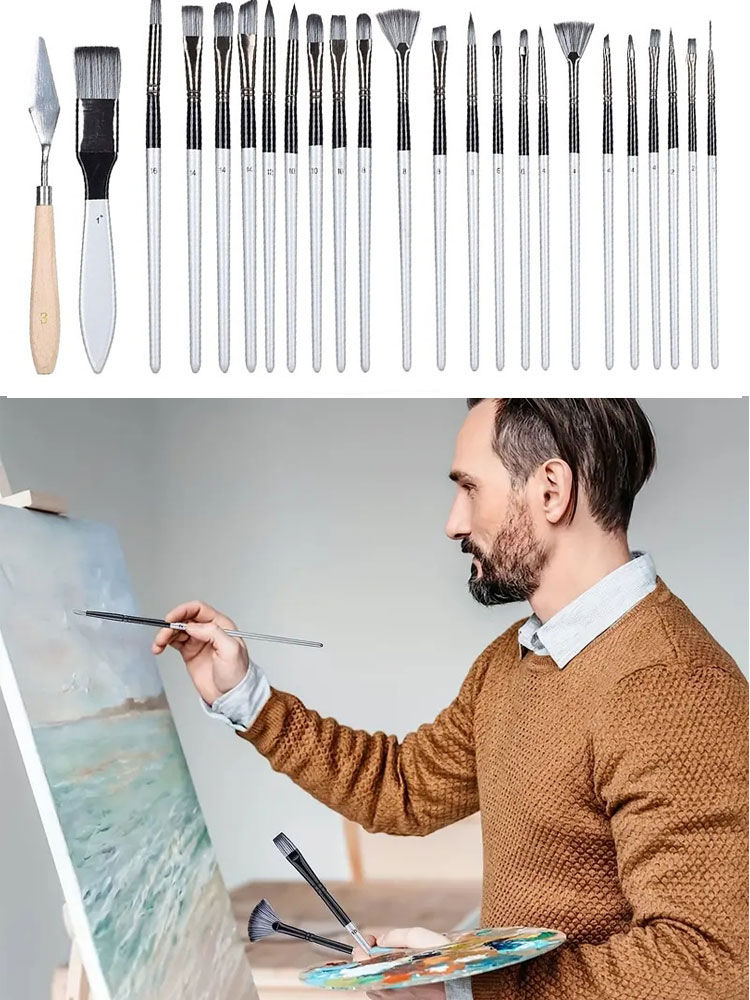 Thumbnail: Professional 24-Piece Artist Paint Brush Set - Assorted Flat, Round, Fan & Detai