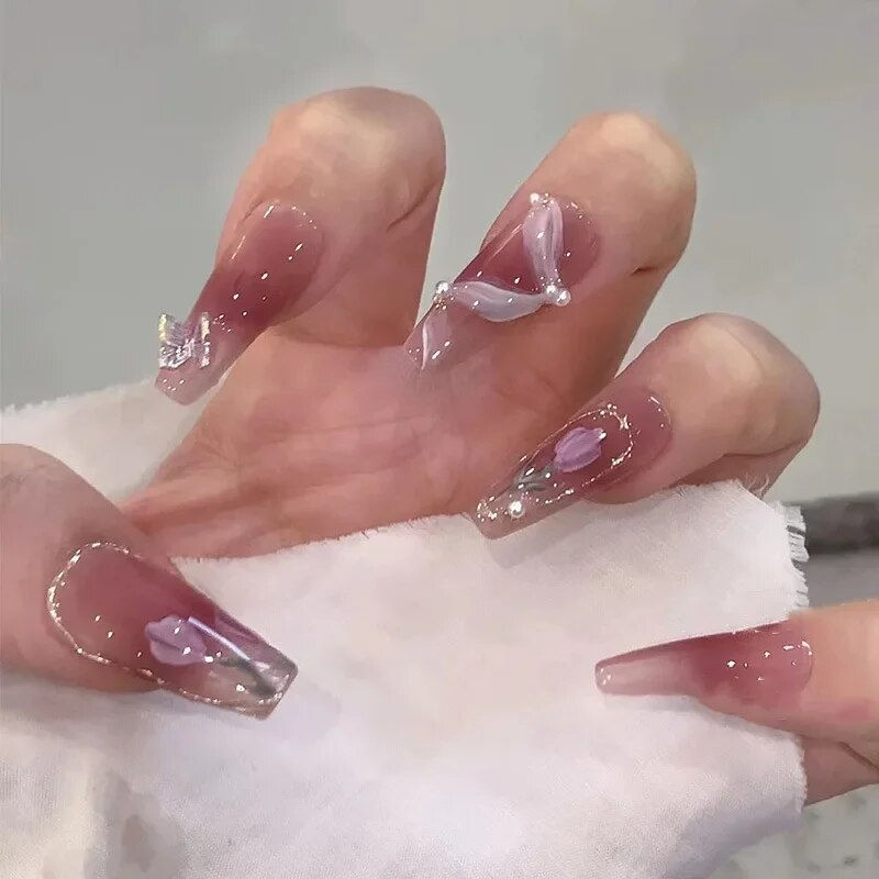 Thumbnail: 24Pcs Long Camellia Butterfly Pink Ballerina with Rhinestones Coffin Press on