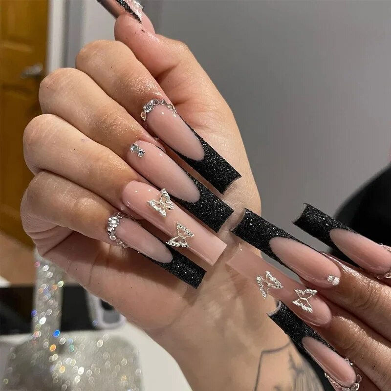 Thumbnail: 24Pcs Long Coffin White French Ballerina with Rhinestones Press On Nails