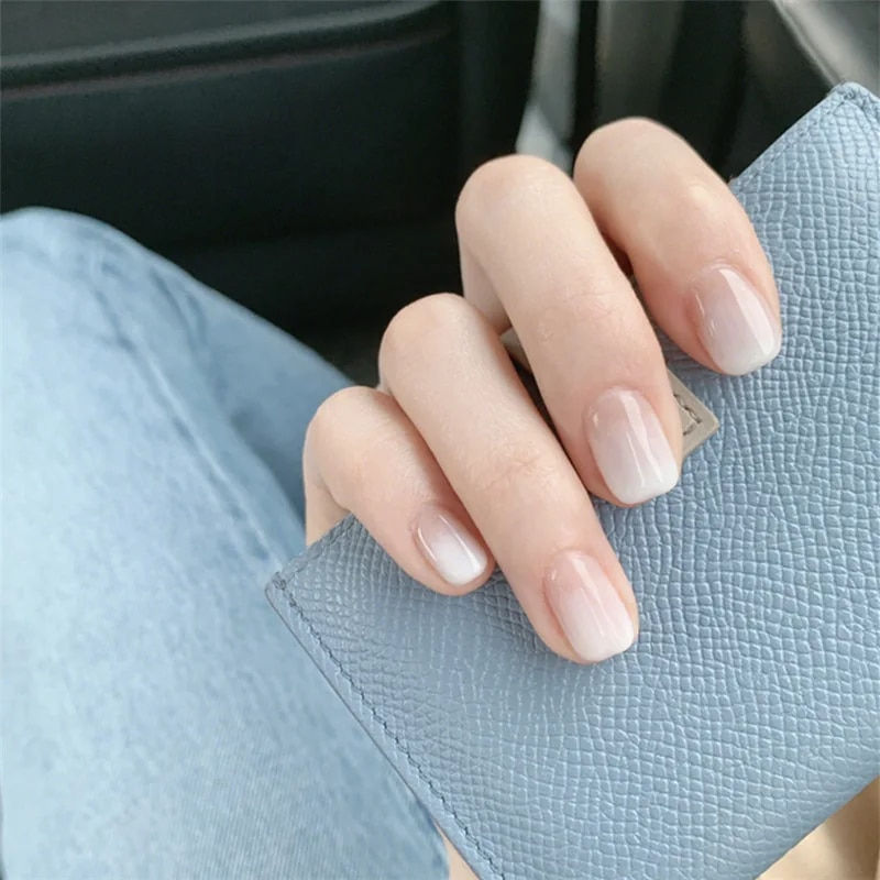 Thumbnail: 24Pcs Full Cover Transparent White French Press On Nails with Glue Sticker 