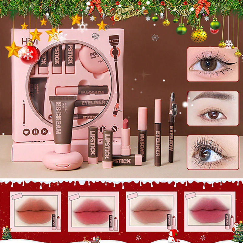Women's Christmas makeup set, 9 lipsticks & powder press &BB cream & eyebrow pen
