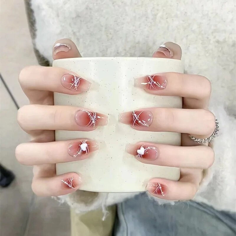 Thumbnail: 24Pcs Long Coffin Fake Nail Pink with Glue Ballet Design Nails Set Press on