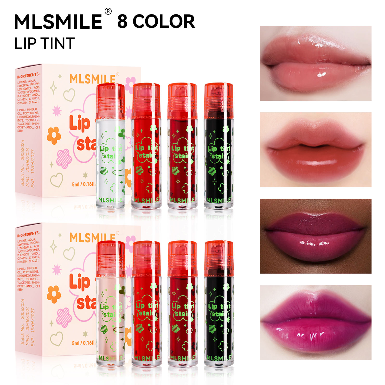 1PC 8 Colors Lip Tint Stain Liquid Lipstick,Lip and Cheek Tint, Non-Stick Cup,Li