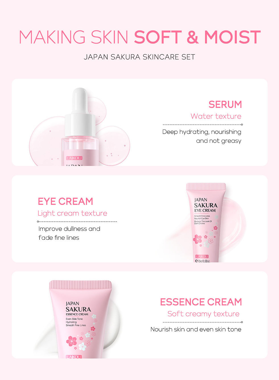 Thumbnail: 3pcs/set LAIKOU Skin Care Set Vitamin C Sakura Snail Essence Serum & Eye Cream &