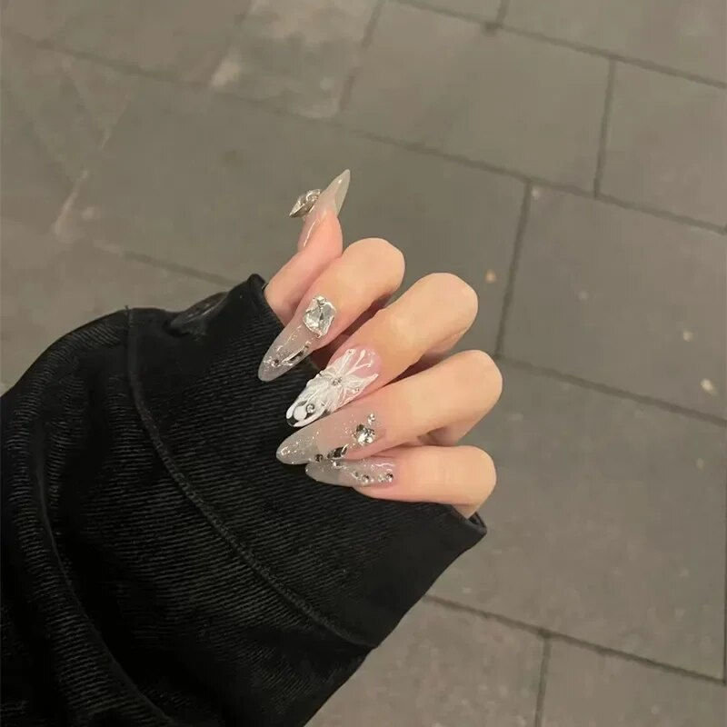 Thumbnail: 24Pcs Long Black Stars with Rhinestones Fake Nails Glitter Gradient Press on