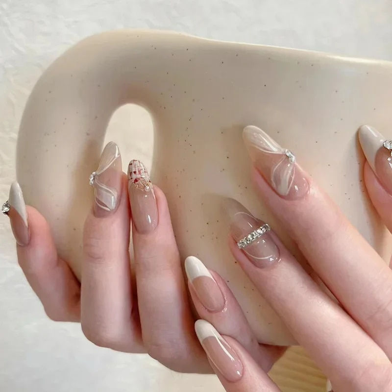 Thumbnail: 24Pcs Long Camellia Butterfly Pink Ballerina with Rhinestones Coffin Press on