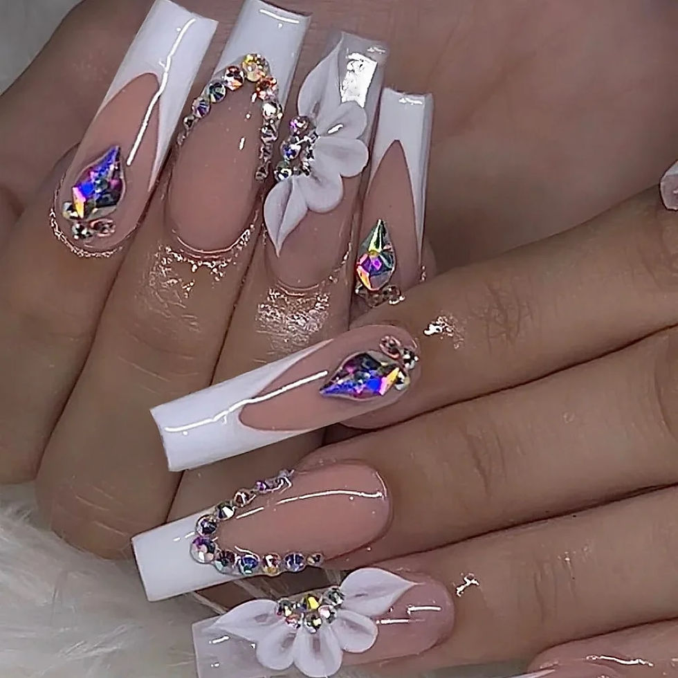 Thumbnail: 24Pcs Long Coffin White French Ballerina with Rhinestones Press On Nails