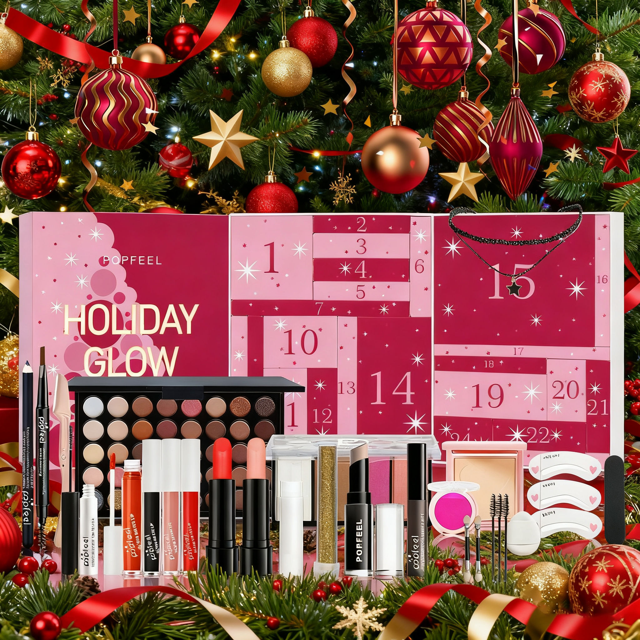 Christmas Countdown Gift Box Makeup Set with Earth-toned Eyeshadow, Lip Gloss, L