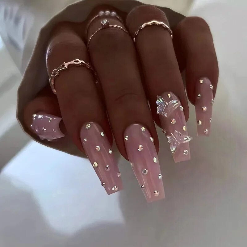 Thumbnail: 24Pcs Long Coffin White French Ballerina with Rhinestones Press On Nails