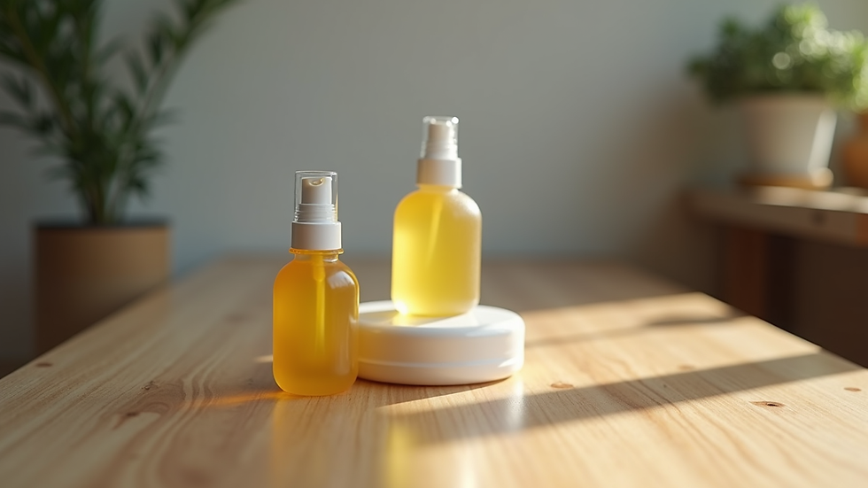 Eye-level view of dog tear stain remover wipes and bottles on a wooden surface