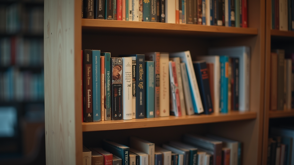 Eye-level view of a bookshelf filled with various books