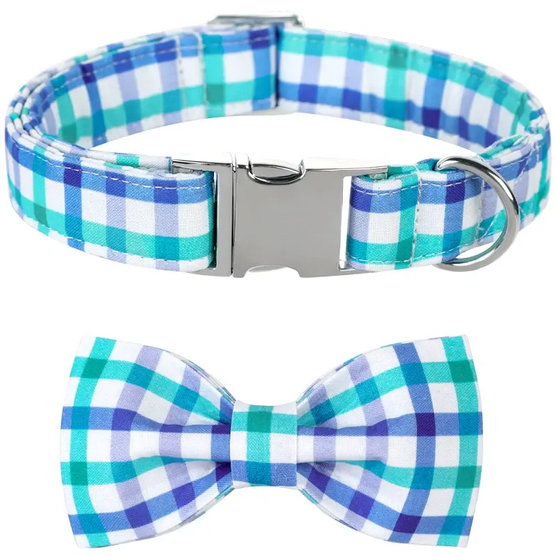 Personalized Blue Plaid Dog Collar Unique Style Paws Dog Collar With Bow Tie X
