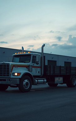 flat bed truck parked at a warehouse at