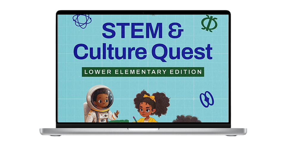 STEM & Culture Quest Lower Elementary Edition on a laptop screen, promoting diverse STEM education.