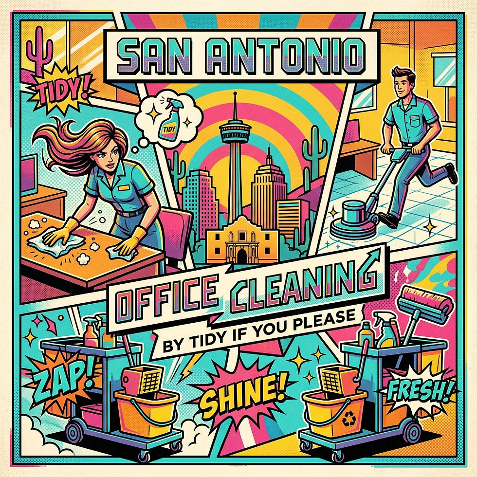 Retro comic ad for San Antonio office cleaning: two cleaners, skyline, carts and supplies, with TIDY!, ZAP!, SHINE!, FRESH!