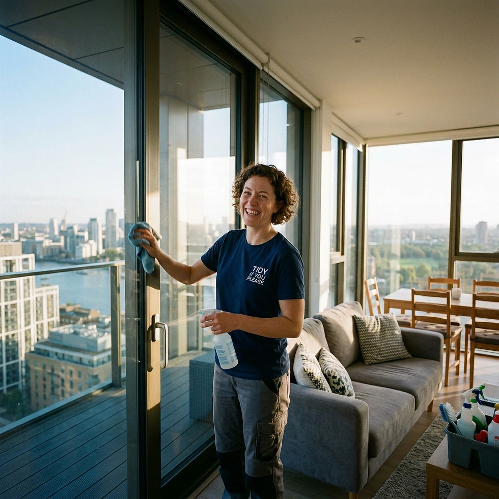 create image of happy employee cleaning an apartment with a view, with tidy if you please