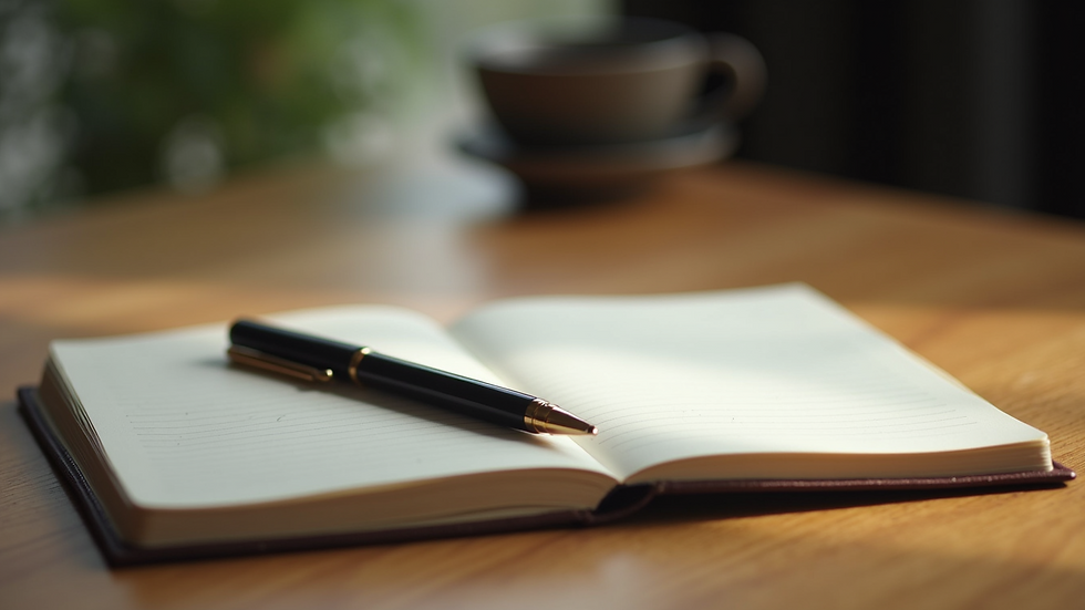 Close-up view of a journal and pen on a wooden table, symbolizing personal reflection and healing