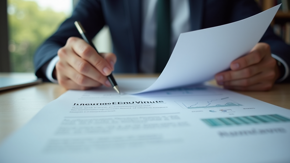 Close-up view of a person reviewing insurance documents at a desk