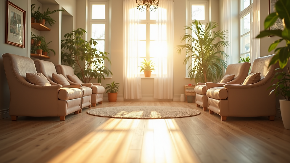 Eye-level view of a sunlit therapy room with cozy chairs and plants
