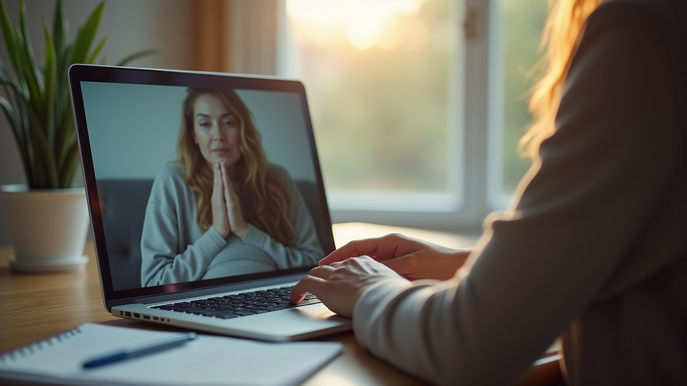Close-up view of a laptop screen showing a calm virtual therapy session
