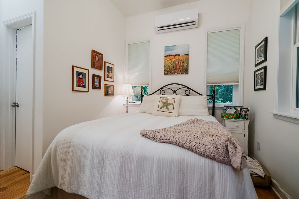 Tiny home bedroom with queen bed and 10-foot ceilings in South Carolina