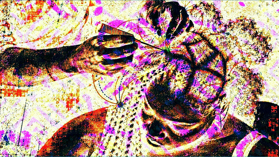 High-contrast Riso image of Black hands using a comb and pointed sectioning tool on the dense Afro hair of a seated Black person. Curved drafting lines, arrows and geometric marks radiate from the points where the hands meet the crown.