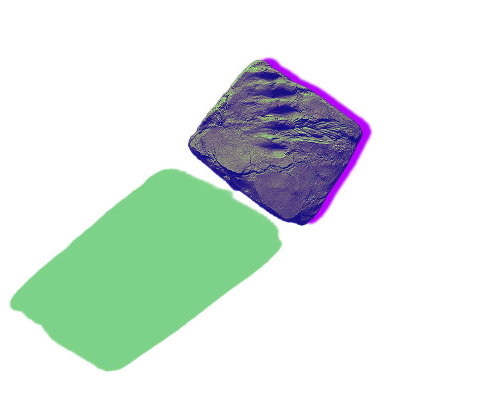 Floating purple, green, and pink clay rupture form with fragmented geometric surfaces symbolizing embodied reconstruction, multiplicity, ritual grounding, and liberation beyond imposed systems.