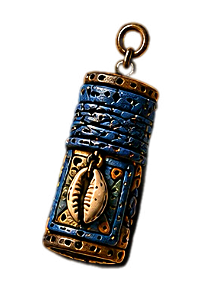 Cylindrical blue pendant wrapped with textured cord and decorated with a central cowrie shell motif, combining beadwork aesthetics with ceremonial adornment traditions.