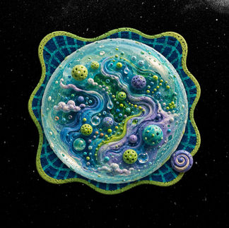 A planetary-style claymation diagram representing the Six Waters Cannabis Field Guide. Rivers of blue, green, and violet currents flow through a spherical ecosystem alongside terpene-like nodes, droplets, clouds, and cellular forms. The image visualizes the Six Waters framework as a living ecology of movement, regulation, memory, rhythm, devotion, and transformation.