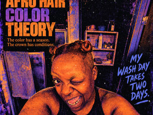 Orange and violet Riso magazine cover showing Bespokecurry winking with an open mouth, small copper section buns, and arms extending toward the camera. Text includes “Afro Hair Color Theory” and “My wash day takes two days.”