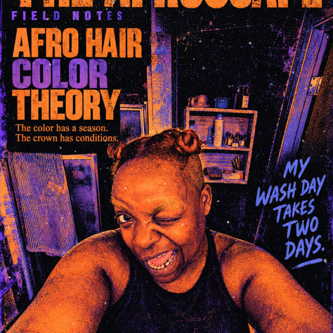 Orange and violet Riso magazine cover showing Bespokecurry winking with an open mouth, small copper section buns, and arms extending toward the camera. Text includes “Afro Hair Color Theory” and “My wash day takes two days.”