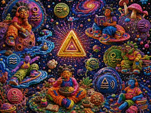 A vibrant claymation cosmos filled with floating planets, stars, symbols, books, mushrooms, seeds, water pathways, and colorful Bespokecurry Hom(e)ies exploring interconnected worlds. Bright pink, blue, orange, yellow, and green clay figures drift through a galaxy of symbols representing different ways of learning, listening, seeing, reading, eating, and moving through knowledge. Everything appears handcrafted from textured polymer clay with visible stippling and stop-motion details.