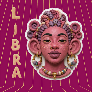 Clay portrait of the Libra Astro Me Homey with soft pink skin, sculptural coiled hair gathered into a high bun, pastel jewelry, and vertical “LIBRA” lettering on a magenta retro grid background.
