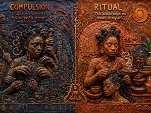  Heavy claymation Afroscape diptych contrasting compulsion and ritual through the nervous system and repetitive behavior. The left side, labeled “COMPULSION,” shows a distressed Black figure surrounded by looping symbols, tally marks, tangled wires, and repetitive hands in dark bruised blue and red tones. The right side, labeled “RITUAL,” shows a calm Black figure braiding hair beside candles, bowls, plants, and steam in warm earth-toned clay textures. Both sides are connected by branching nervous system pathways across a textured sculptural clay background.