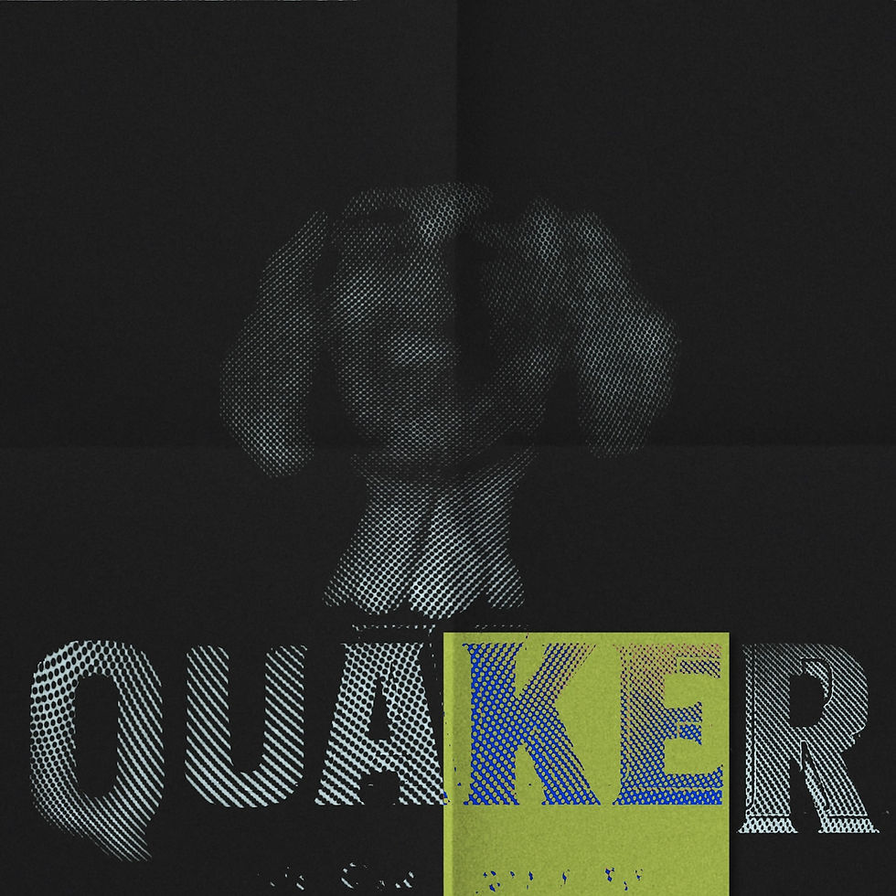 Graphic edit of a Quaker Oats package with the face heavily blurred and covered in grainy texture, while the letters “k” and “e” in “Quaker” are highlighted with an x-ray effect, disrupting the familiarity of the brand and calling attention to its constructed image.