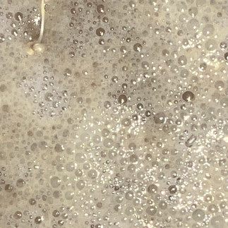 Close-up of strong fermentation with dense bubbles forming and breaking across the surface of soaked grains. 