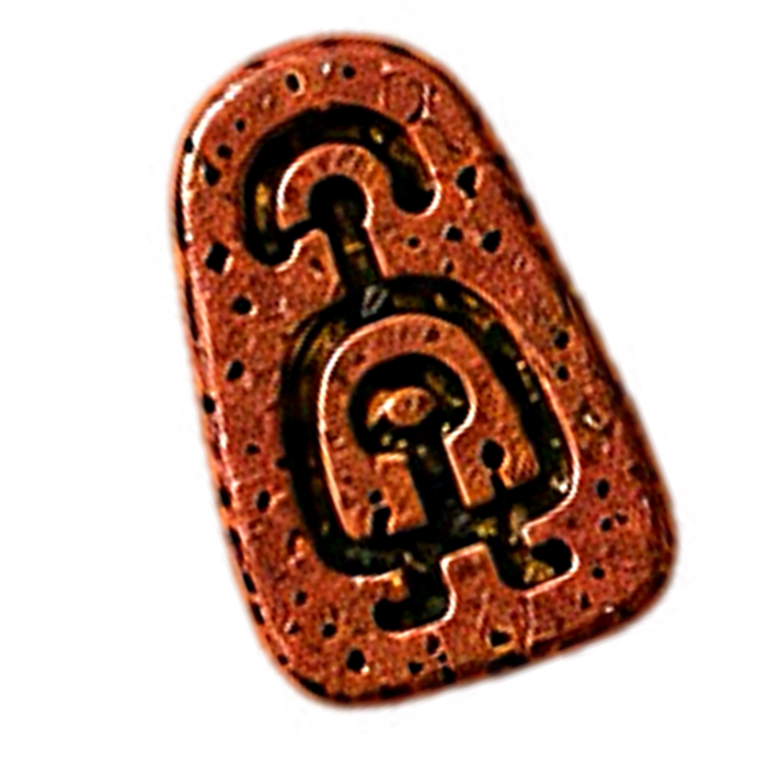 Small brown clay-like pendant engraved with an abstract ancestral symbol and eye motif, designed as a ceremonial adornment or protective talisman against a black background.